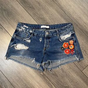 Zara Blue Jean Shorts with Floral Embroidery